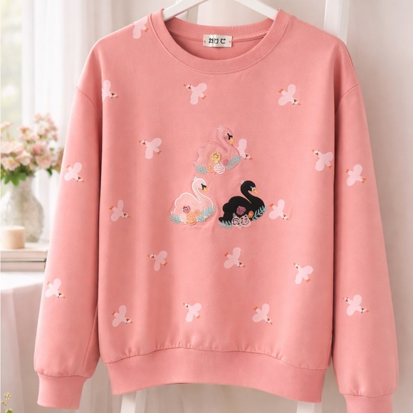 Tops - Pink Swan Embroidered Sweatshirt | Floral Birds Crewneck | Size Small